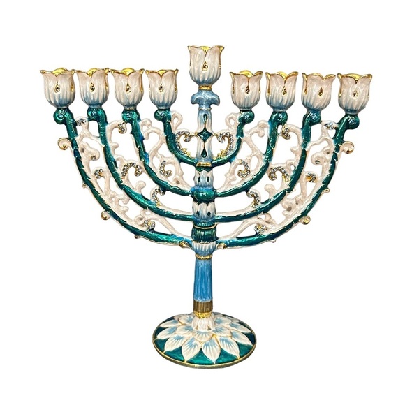 Menorah Hanukkah  Hand Painted Brass Enamel  NWB 6” By 6” Blue Teal Gold - Picture 12 of 16